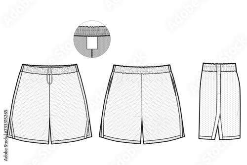 Mesh Shorts Flat Technical Drawing Illustration Blank Streetwear Mock-up Template for Design and Tech Packs CAD Unisex Athletic Basketball