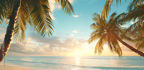 beautiful beach scene showing palm trees in sunlight 