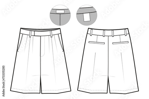 pleated Shorts Flat Technical Drawing Illustration Blank Streetwear Mock-up Template for Design and Tech Packs CAD Unisex khaki bermuda