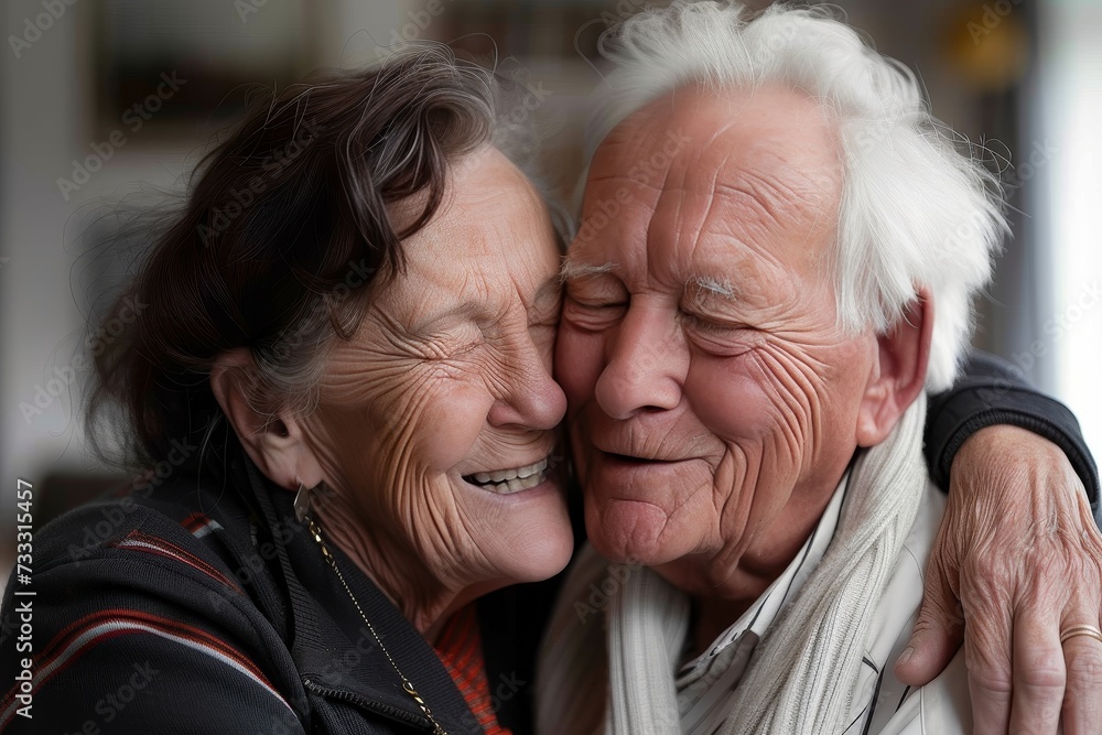 An elderly couple radiating joy as their wrinkled faces light up with genuine smiles, showcasing a lifetime of love and happiness An elderly couple radiating joy as their wrinkled faces light up with genuine smiles, showcasing a lifetime of love and happiness