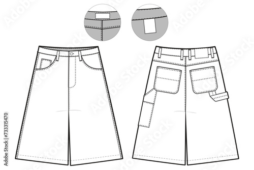 Carpenter Shorts Flat Technical Drawing Illustration Blank Workwear Streetwear Mock-up Template for Design and Tech Packs CAD Skate loose baggy