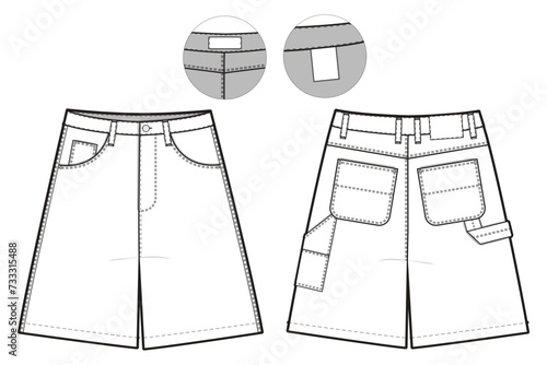 Carpenter Shorts Flat Technical Drawing Illustration Blank Workwear Streetwear Mock-up Template for Design and Tech Packs CAD Skate