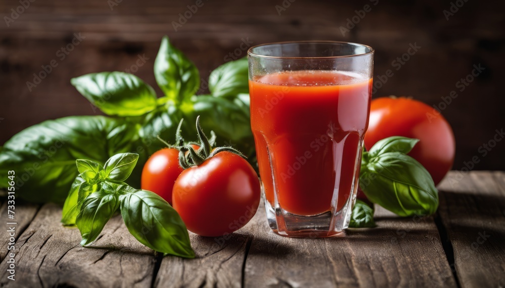 A glass of tomato juice with a tomato and basil leaves on a wooden table A glass of tomato juice with a tomato and basil leaves on a wooden table