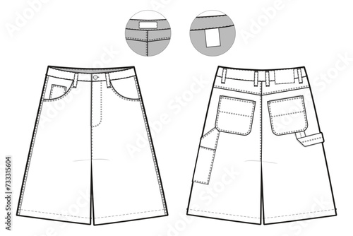 Carpenter Shorts Flat Technical Drawing Illustration Blank Workwear Streetwear Mock-up Template for Design and Tech Packs CAD Skate