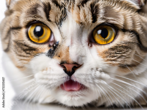 A startled Scottish Fold kitten with blue wide eyes, captured in a close-up on a white background, exudes humor.