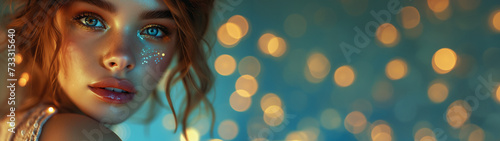 Close up of a sparkling portrait of a young woman adorned with glittering makeup amidst bokeh lights. photo