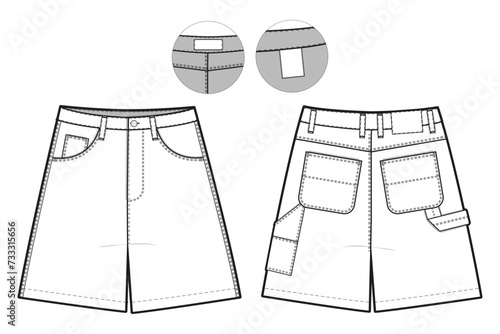 Carpenter Shorts Flat Technical Drawing Illustration Blank Workwear Streetwear Mock-up Template for Design and Tech Packs CAD Skate