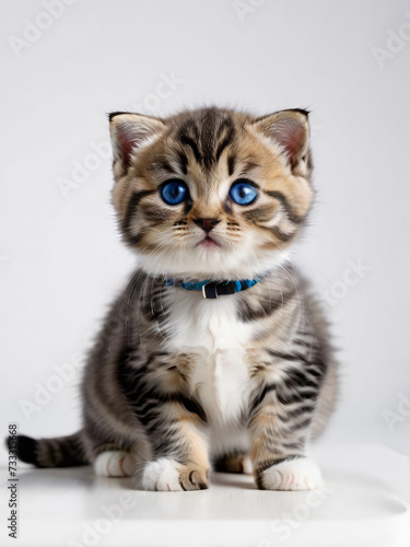 A startled Scottish Fold kitten with blue wide eyes, captured in a close-up on a white background, exudes humor.