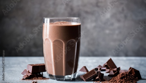 A glass of chocolate milk with chocolate chips on the table