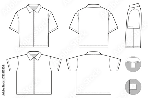 Full zip polo Short Sleeve Collared Flat Technical Drawing Illustration Blank Mock-up Template for Design and Tech Packs CAD Technical Sketch	