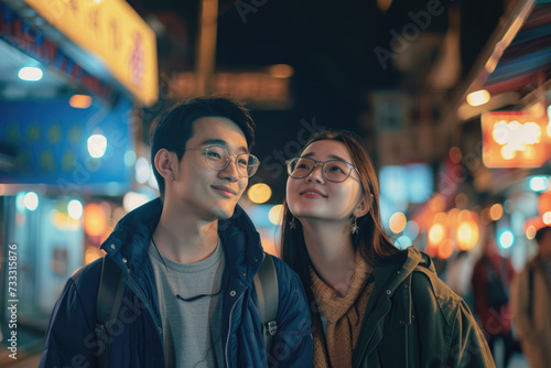 A young Asian couple visited a famous local night market and tasted street food © Kien