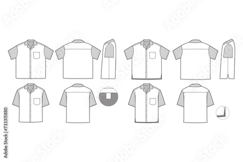 Bowling Button Shirt Short Sleeve Flat Technical Drawing Illustration Blank Mock-up Template for Design and Tech Packs CAD Technical Sketch	