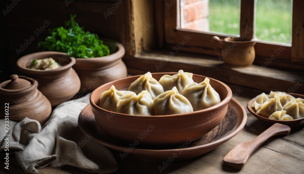 A bowl of dumplings sits on a table A bowl of dumplings sits on a table
