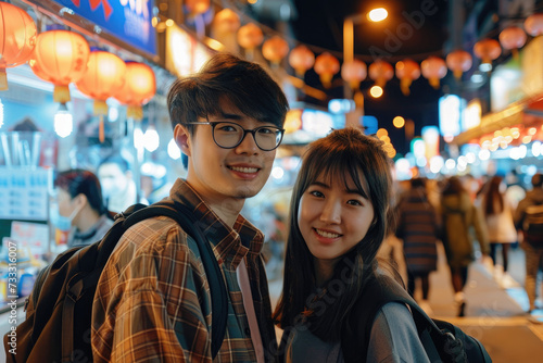 A young Asian couple visited a famous local night market and tasted street food