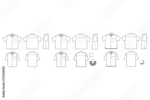 oversized oxford Collared Button Shirt Short Sleeve Flat Technical Drawing Illustration Blank Mock-up Template for Design and Tech Packs CAD baggy loose