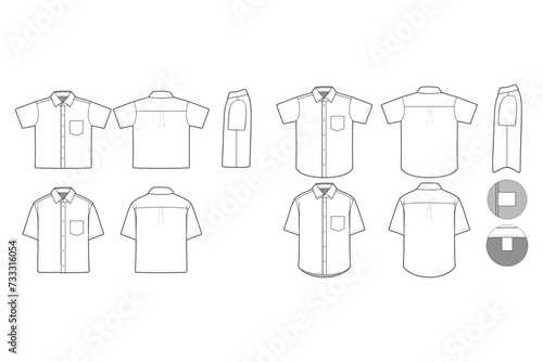 Oxford Collared Button Shirt Short Sleeve Flat Technical Drawing Illustration Blank Mock-up Template for Design and Tech Packs CAD