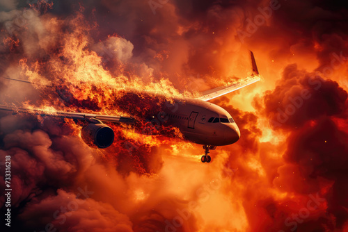 Airplane in the fire with smoke on the background
