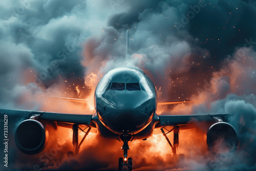 Airplane in the fire with smoke on the background