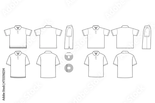 Polo Short Sleeve Collared Flat Technical Drawing Illustration Blank Mock-up Template for Design and Tech Packs CAD Technical Sketch	