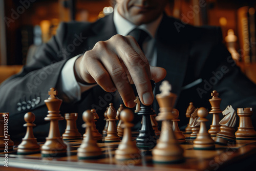 Businessman playing chess. Business strategy and leadership concept.