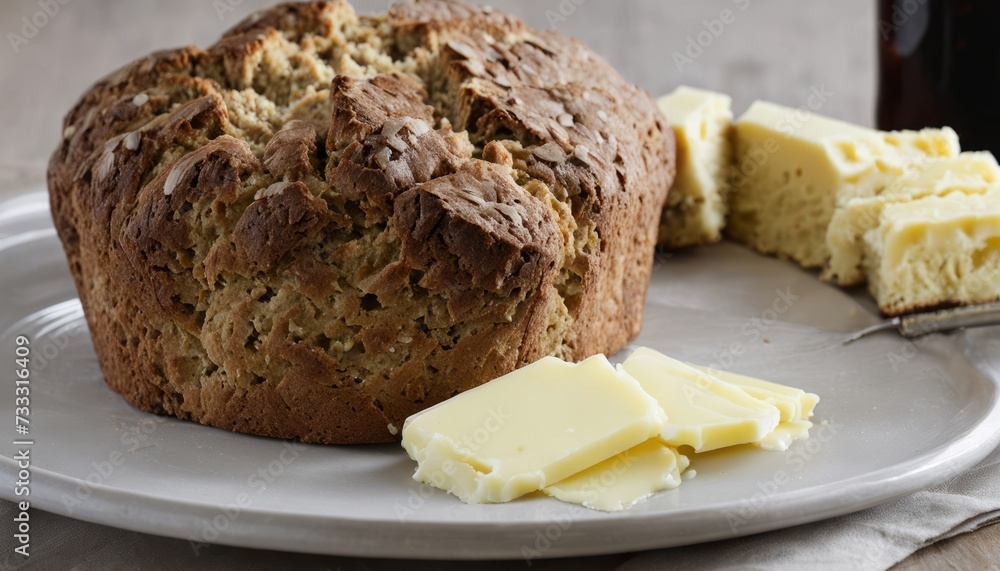 A loaf of bread with butter on a plate A loaf of bread with butter on a plate