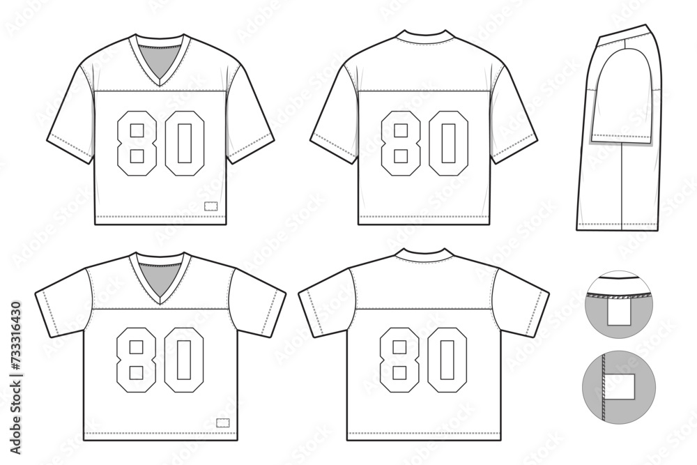 Fototapeta premium American football jersey top shirt team sports flat technical drawing illustration short sleeve blank streetwear mock-up template for design and tech packs women