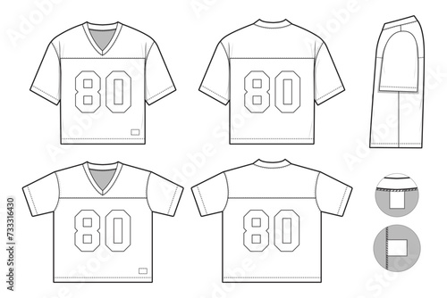 American football jersey top shirt team sports flat technical drawing illustration short sleeve blank streetwear mock-up template for design and tech packs women