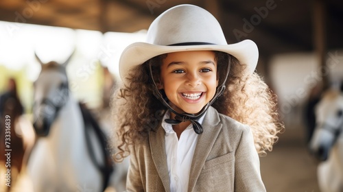 Cheerful girl riding horse in equestrian lesson, wearing helmet, looking at the camera