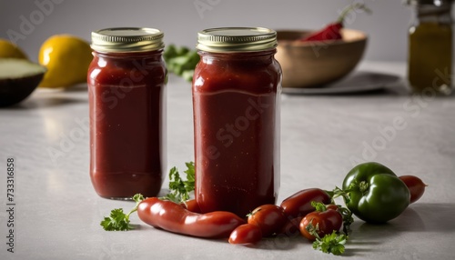 Two jars of red sauce on a table