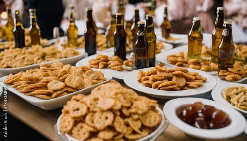 A table full of food and beer bottles