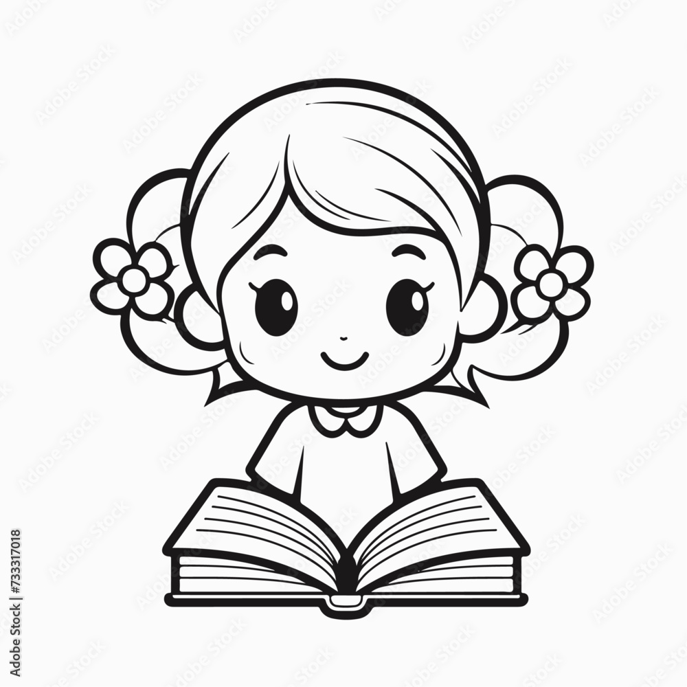 Black and white vector outline of a young girl absorbed in reading a book