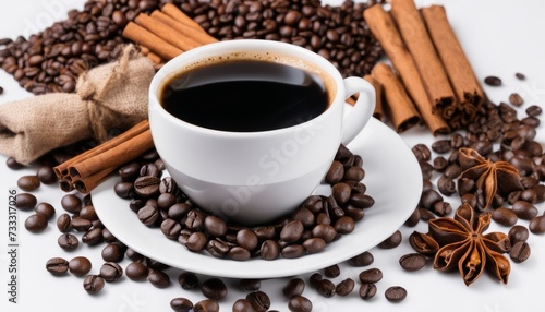 A cup of coffee with cinnamon sticks and coffee beans