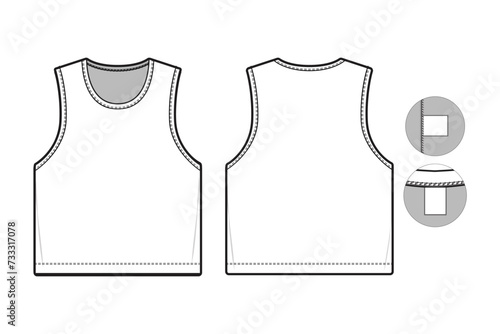 sleeveless tank top shirt flat technical drawing illustration short sleeve with binding collar blank streetwear mock-up template for design and tech packs women