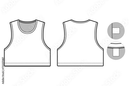 sleeveless tank top shirt flat technical drawing illustration short sleeve with binding collar blank streetwear mock-up template for design and tech packs women