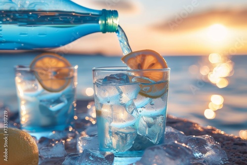 A refreshing summer drink, crystal clear and chilled to perfection, served in a tall glass with slices of tangy lemon and floating ice cubes, beckoning to be savored under the warm blue sky