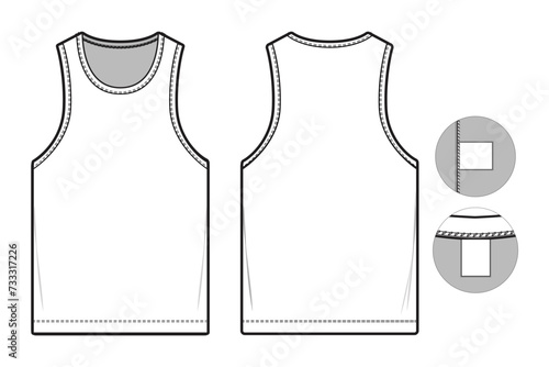 sleeveless tank top shirt flat technical drawing illustration short sleeve with binding collar blank streetwear mock-up template for design and tech packs women