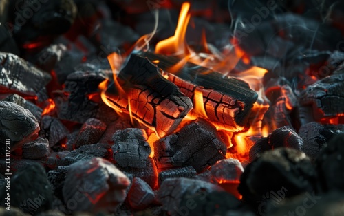 Barbecue Grill Pit With Glowing And Flaming Hot Charcoal Briquettes, charcoal fire.