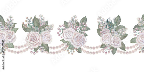Watercolor floral seamless border of white roses, green leaves, lilac, eucalyptus in a pastel color in vintage style for wedding, Women's Day, Valentine's Day, template, clipart, wallpaper, scrapbook