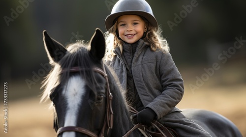 Happy girl riding horse, wearing horseriding helmet for equitation lesson, looking at camera
