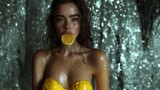 Wunderschöne Frau mit nasser Sexy Kleidung und Zitrone im Mund schaut in die Kamera, ai generativ