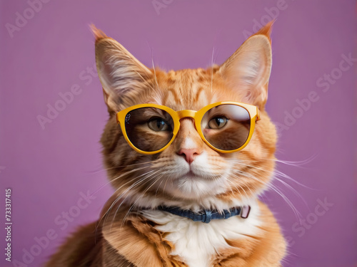 Cheerful ginger cat sporting sunglasses poses against a elegant color background, creating a fresh summer vibe.