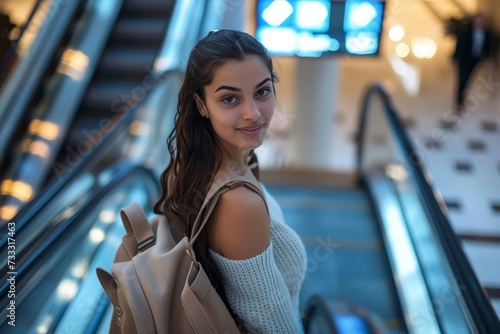 As the escalator carries her up, the stylish woman with a bright smile exudes confidence and elegance with her long hair flowing behind her and her fashionable clothing accentuating her feminine figu photo