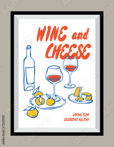Wine and cheese hand drawn illustration in a poster frame for wall art gallery