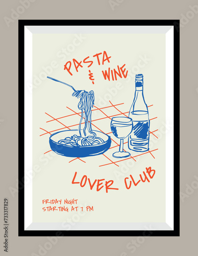 Wine and pasta hand drawn illustration in a poster frame for wall art gallery