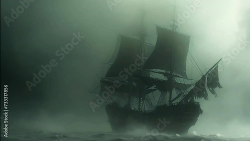 Pirate ship with black tattered sails sailing through fog. Mystery scary boat. Mystical ghost sailboat. Creepy vessel floating sea, ocean. Gloomy foggy weather. Fairytale historical nautical travel. photo