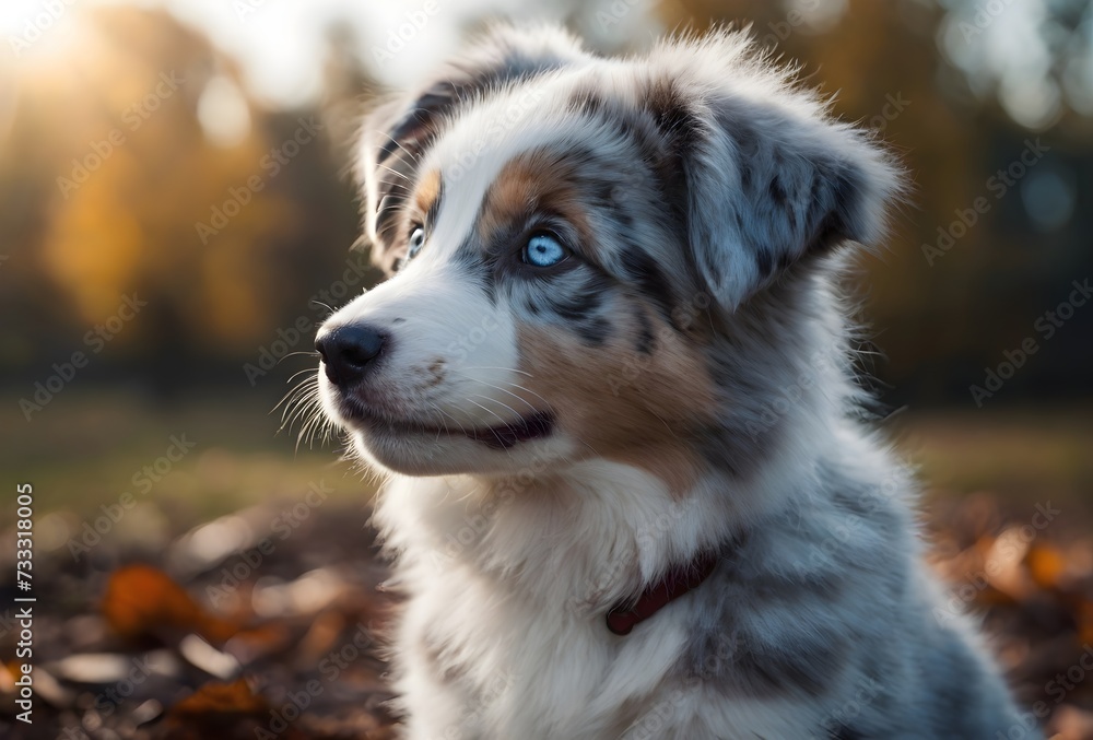 Close up of a cute Australian Shepherd puppy looking at the sky Close up of a cute Australian Shepherd puppy looking at the sky