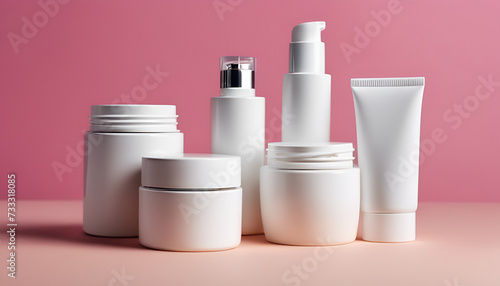 Different types of white cosmetic tubes on pink background with copy space. Skin care, body treatment, beauty concept,Mockup cosmetic bottle with cream or lotion, AI generated