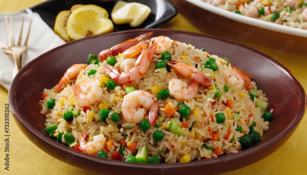 A dish of rice, shrimp, and peas