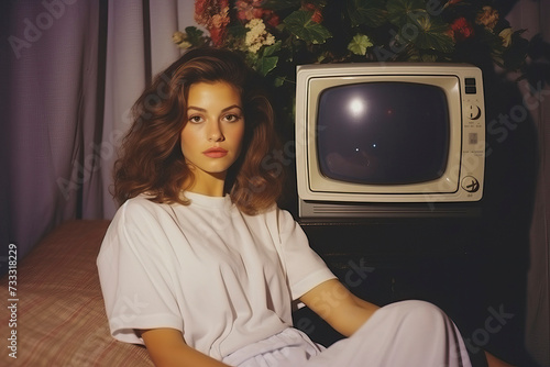 A girl sits against the background of an old TV, retro vintage style 90s photo