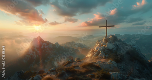 christ cross on a mountain top at sunrise in